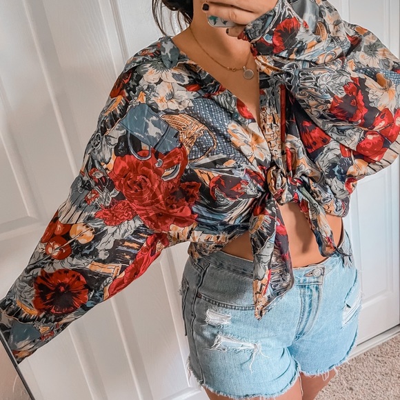 Vintage Tops - Vintage Silk Oversized Shirt Dress Blouse Cherry Garden Floral Grandma 90s